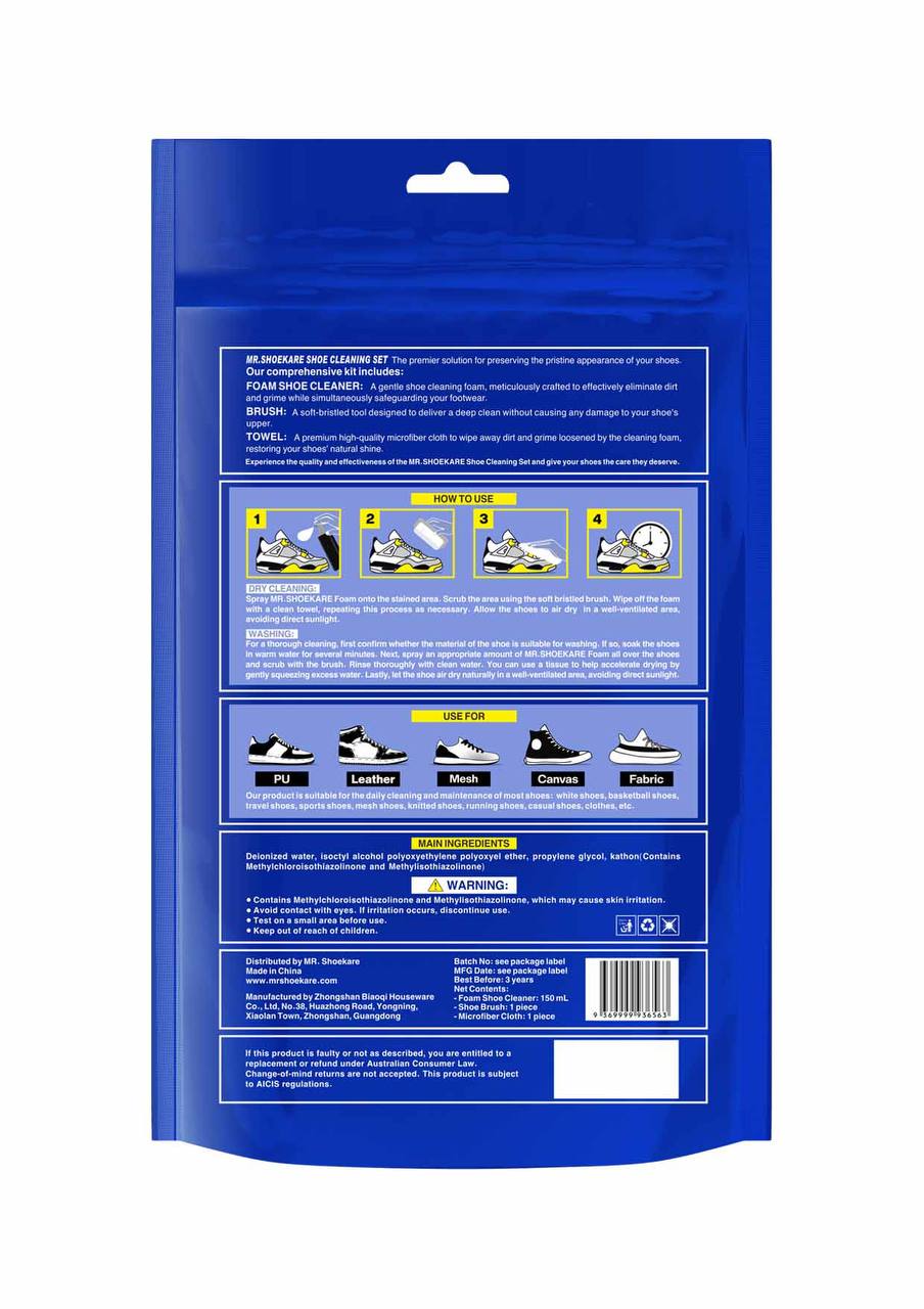 shoe cleaning kit back view with usage instructions on packaging