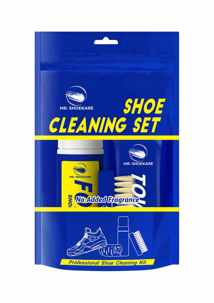 MR Shoekare shoe cleaning kit front view with foam brush and towel